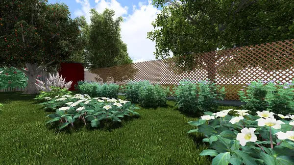 Memleketin peyzaj tasarımının 3 boyutlu görüntüsü. Bölgenin peyzajı. Bileşik peyzaj ve peyzaj çözümlerinin bilgisayar görselleştirmesi. Beyaz bahçe.