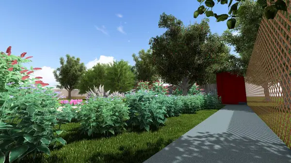 Memleketin peyzaj tasarımının 3 boyutlu görüntüsü. Bölgenin peyzajı. Bileşik peyzaj ve peyzaj çözümlerinin bilgisayar görselleştirmesi. Beyaz bahçe.