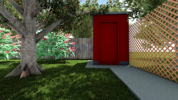 Memleketin peyzaj tasarımının 3 boyutlu görüntüsü. Bölgenin peyzajı. Bileşik peyzaj ve peyzaj çözümlerinin bilgisayar görselleştirmesi. Beyaz bahçe.