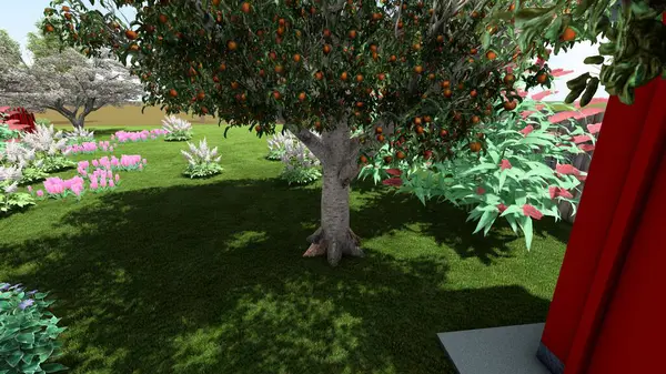 Memleketin peyzaj tasarımının 3 boyutlu görüntüsü. Bölgenin peyzajı. Bileşik peyzaj ve peyzaj çözümlerinin bilgisayar görselleştirmesi. Beyaz bahçe.