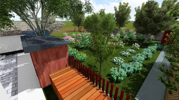 Memleketin peyzaj tasarımının 3 boyutlu görüntüsü. Bölgenin peyzajı. Bileşik peyzaj ve peyzaj çözümlerinin bilgisayar görselleştirmesi. Beyaz bahçe.