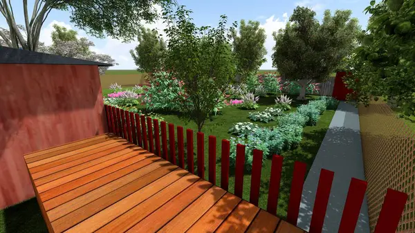 Memleketin peyzaj tasarımının 3 boyutlu görüntüsü. Bölgenin peyzajı. Bileşik peyzaj ve peyzaj çözümlerinin bilgisayar görselleştirmesi. Beyaz bahçe.