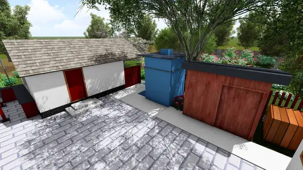 Memleketin peyzaj tasarımının 3 boyutlu görüntüsü. Bölgenin peyzajı. Bileşik peyzaj ve peyzaj çözümlerinin bilgisayar görselleştirmesi. Beyaz bahçe.