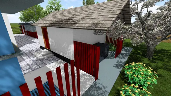 Memleketin peyzaj tasarımının 3 boyutlu görüntüsü. Bölgenin peyzajı. Bileşik peyzaj ve peyzaj çözümlerinin bilgisayar görselleştirmesi. Beyaz bahçe.