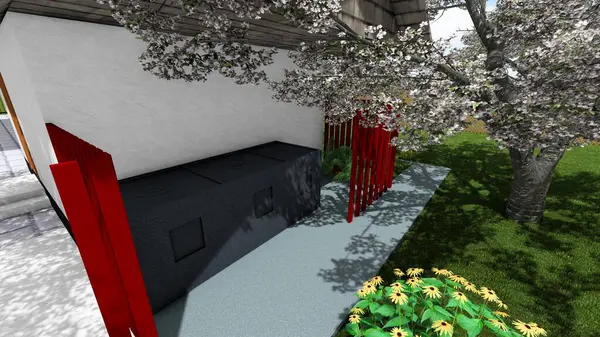 Memleketin peyzaj tasarımının 3 boyutlu görüntüsü. Bölgenin peyzajı. Bileşik peyzaj ve peyzaj çözümlerinin bilgisayar görselleştirmesi. Beyaz bahçe.