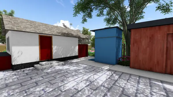 Memleketin peyzaj tasarımının 3 boyutlu görüntüsü. Bölgenin peyzajı. Bileşik peyzaj ve peyzaj çözümlerinin bilgisayar görselleştirmesi. Beyaz bahçe.