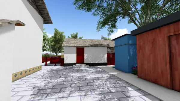 Memleketin peyzaj tasarımının 3 boyutlu görüntüsü. Bölgenin peyzajı. Bileşik peyzaj ve peyzaj çözümlerinin bilgisayar görselleştirmesi. Beyaz bahçe.