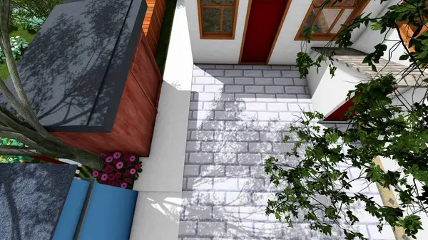 Memleketin peyzaj tasarımının 3 boyutlu görüntüsü. Bölgenin peyzajı. Bileşik peyzaj ve peyzaj çözümlerinin bilgisayar görselleştirmesi. Beyaz bahçe.