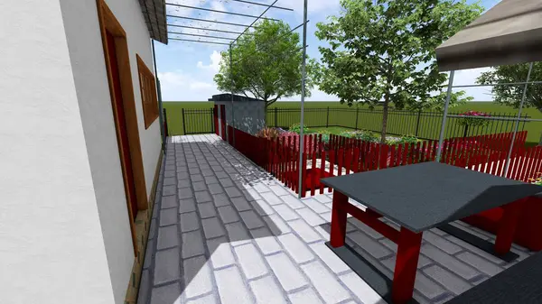 Memleketin peyzaj tasarımının 3 boyutlu görüntüsü. Bölgenin peyzajı. Bileşik peyzaj ve peyzaj çözümlerinin bilgisayar görselleştirmesi. Beyaz bahçe.