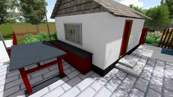 Memleketin peyzaj tasarımının 3 boyutlu görüntüsü. Bölgenin peyzajı. Bileşik peyzaj ve peyzaj çözümlerinin bilgisayar görselleştirmesi. Beyaz bahçe.