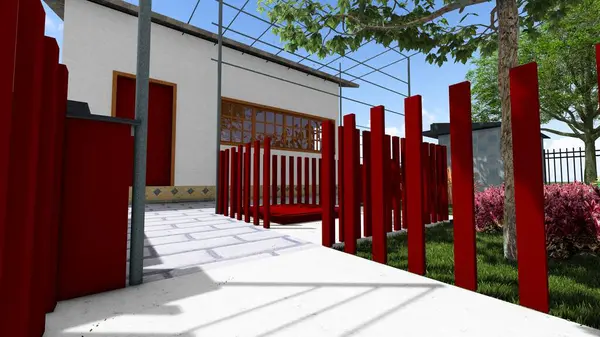 Memleketin peyzaj tasarımının 3 boyutlu görüntüsü. Bölgenin peyzajı. Bileşik peyzaj ve peyzaj çözümlerinin bilgisayar görselleştirmesi. Beyaz bahçe.