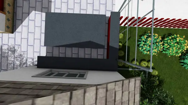 Memleketin peyzaj tasarımının 3 boyutlu görüntüsü. Bölgenin peyzajı. Bileşik peyzaj ve peyzaj çözümlerinin bilgisayar görselleştirmesi. Beyaz bahçe.