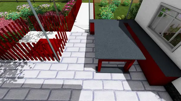 Memleketin peyzaj tasarımının 3 boyutlu görüntüsü. Bölgenin peyzajı. Bileşik peyzaj ve peyzaj çözümlerinin bilgisayar görselleştirmesi. Beyaz bahçe.