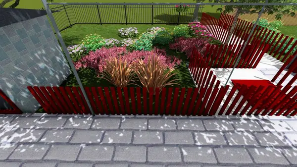 Memleketin peyzaj tasarımının 3 boyutlu görüntüsü. Bölgenin peyzajı. Bileşik peyzaj ve peyzaj çözümlerinin bilgisayar görselleştirmesi. Beyaz bahçe.