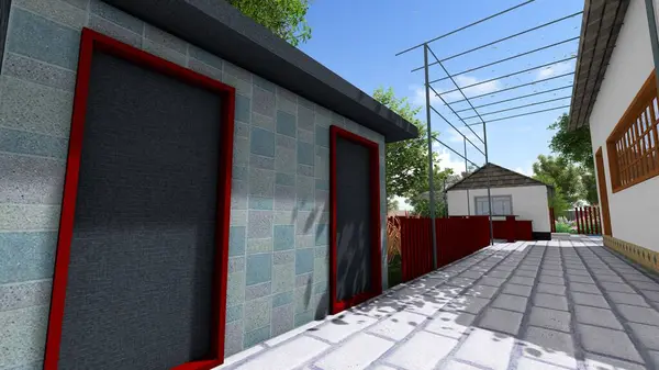 Memleketin peyzaj tasarımının 3 boyutlu görüntüsü. Bölgenin peyzajı. Bileşik peyzaj ve peyzaj çözümlerinin bilgisayar görselleştirmesi. Beyaz bahçe.