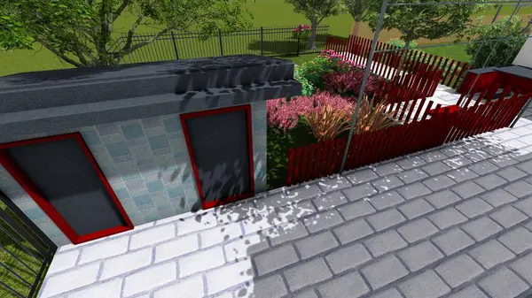 Memleketin peyzaj tasarımının 3 boyutlu görüntüsü. Bölgenin peyzajı. Bileşik peyzaj ve peyzaj çözümlerinin bilgisayar görselleştirmesi. Beyaz bahçe.