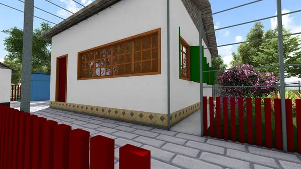 Memleketin peyzaj tasarımının 3 boyutlu görüntüsü. Bölgenin peyzajı. Bileşik peyzaj ve peyzaj çözümlerinin bilgisayar görselleştirmesi. Beyaz bahçe.