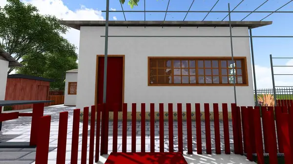 Memleketin peyzaj tasarımının 3 boyutlu görüntüsü. Bölgenin peyzajı. Bileşik peyzaj ve peyzaj çözümlerinin bilgisayar görselleştirmesi. Beyaz bahçe.