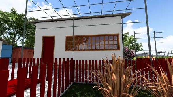 Memleketin peyzaj tasarımının 3 boyutlu görüntüsü. Bölgenin peyzajı. Bileşik peyzaj ve peyzaj çözümlerinin bilgisayar görselleştirmesi. Beyaz bahçe.