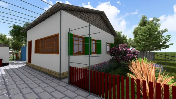 Memleketin peyzaj tasarımının 3 boyutlu görüntüsü. Bölgenin peyzajı. Bileşik peyzaj ve peyzaj çözümlerinin bilgisayar görselleştirmesi. Beyaz bahçe.