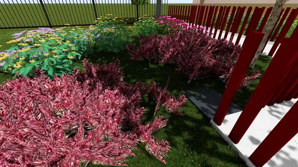 Memleketin peyzaj tasarımının 3 boyutlu görüntüsü. Bölgenin peyzajı. Bileşik peyzaj ve peyzaj çözümlerinin bilgisayar görselleştirmesi. Beyaz bahçe.