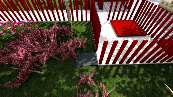 Memleketin peyzaj tasarımının 3 boyutlu görüntüsü. Bölgenin peyzajı. Bileşik peyzaj ve peyzaj çözümlerinin bilgisayar görselleştirmesi. Beyaz bahçe.