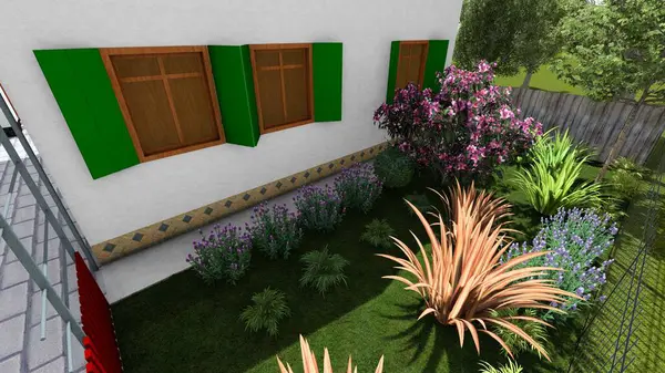 Memleketin peyzaj tasarımının 3 boyutlu görüntüsü. Bölgenin peyzajı. Bileşik peyzaj ve peyzaj çözümlerinin bilgisayar görselleştirmesi. Beyaz bahçe.