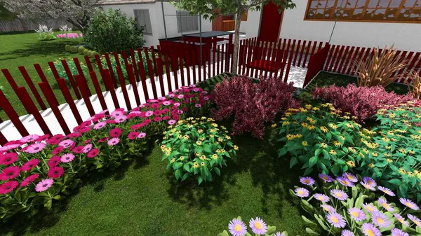 Memleketin peyzaj tasarımının 3 boyutlu görüntüsü. Bölgenin peyzajı. Bileşik peyzaj ve peyzaj çözümlerinin bilgisayar görselleştirmesi. Beyaz bahçe.