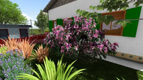 Memleketin peyzaj tasarımının 3 boyutlu görüntüsü. Bölgenin peyzajı. Bileşik peyzaj ve peyzaj çözümlerinin bilgisayar görselleştirmesi. Beyaz bahçe.