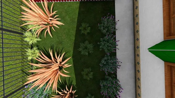 Memleketin peyzaj tasarımının 3 boyutlu görüntüsü. Bölgenin peyzajı. Bileşik peyzaj ve peyzaj çözümlerinin bilgisayar görselleştirmesi. Beyaz bahçe.