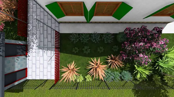 Memleketin peyzaj tasarımının 3 boyutlu görüntüsü. Bölgenin peyzajı. Bileşik peyzaj ve peyzaj çözümlerinin bilgisayar görselleştirmesi. Beyaz bahçe.