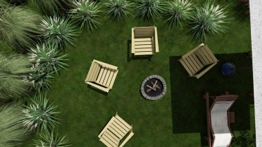 Memleketin peyzaj tasarımının 3 boyutlu görüntüsü. Bölgenin peyzajı. Bileşik peyzaj ve peyzaj çözümlerinin bilgisayar görselleştirmesi. Beyaz bahçe.