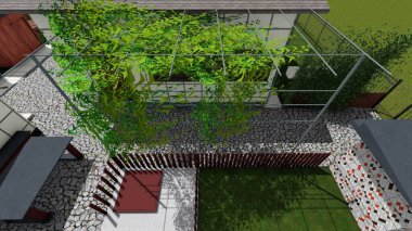 Memleketin peyzaj tasarımının 3 boyutlu görüntüsü. Bölgenin peyzajı. Bileşik peyzaj ve peyzaj çözümlerinin bilgisayar görselleştirmesi. Beyaz bahçe.