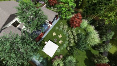 Memleketin peyzaj tasarımının 3 boyutlu görüntüsü. Bölgenin peyzajı. Bileşik peyzaj ve peyzaj çözümlerinin bilgisayar görselleştirmesi. Beyaz bahçe.