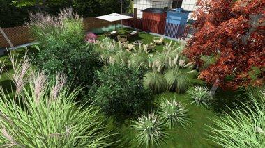 Memleketin peyzaj tasarımının 3 boyutlu görüntüsü. Bölgenin peyzajı. Bileşik peyzaj ve peyzaj çözümlerinin bilgisayar görselleştirmesi. Beyaz bahçe.