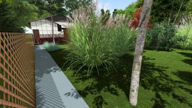 Memleketin peyzaj tasarımının 3 boyutlu görüntüsü. Bölgenin peyzajı. Bileşik peyzaj ve peyzaj çözümlerinin bilgisayar görselleştirmesi. Beyaz bahçe.