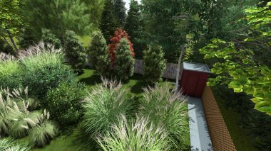 Memleketin peyzaj tasarımının 3 boyutlu görüntüsü. Bölgenin peyzajı. Bileşik peyzaj ve peyzaj çözümlerinin bilgisayar görselleştirmesi. Beyaz bahçe.