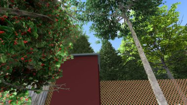 Memleketin peyzaj tasarımının 3 boyutlu görüntüsü. Bölgenin peyzajı. Bileşik peyzaj ve peyzaj çözümlerinin bilgisayar görselleştirmesi. Beyaz bahçe.