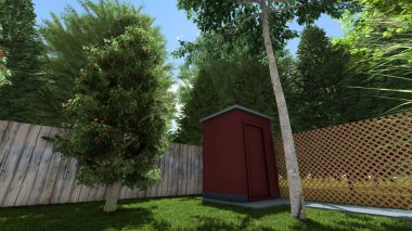 Memleketin peyzaj tasarımının 3 boyutlu görüntüsü. Bölgenin peyzajı. Bileşik peyzaj ve peyzaj çözümlerinin bilgisayar görselleştirmesi. Beyaz bahçe.