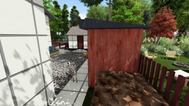 Memleketin peyzaj tasarımının 3 boyutlu görüntüsü. Bölgenin peyzajı. Bileşik peyzaj ve peyzaj çözümlerinin bilgisayar görselleştirmesi. Beyaz bahçe.