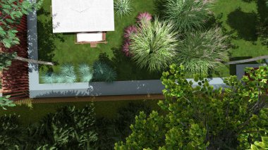 Memleketin peyzaj tasarımının 3 boyutlu görüntüsü. Bölgenin peyzajı. Bileşik peyzaj ve peyzaj çözümlerinin bilgisayar görselleştirmesi. Beyaz bahçe.