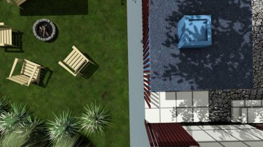 Memleketin peyzaj tasarımının 3 boyutlu görüntüsü. Bölgenin peyzajı. Bileşik peyzaj ve peyzaj çözümlerinin bilgisayar görselleştirmesi. Beyaz bahçe.