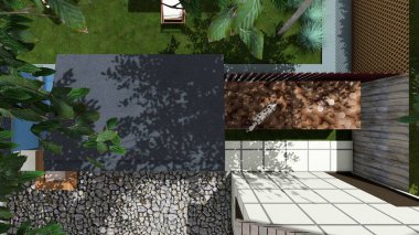 Memleketin peyzaj tasarımının 3 boyutlu görüntüsü. Bölgenin peyzajı. Bileşik peyzaj ve peyzaj çözümlerinin bilgisayar görselleştirmesi. Beyaz bahçe.