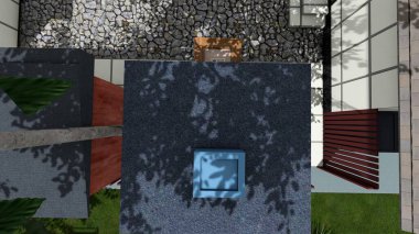 Memleketin peyzaj tasarımının 3 boyutlu görüntüsü. Bölgenin peyzajı. Bileşik peyzaj ve peyzaj çözümlerinin bilgisayar görselleştirmesi. Beyaz bahçe.