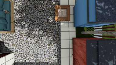 Memleketin peyzaj tasarımının 3 boyutlu görüntüsü. Bölgenin peyzajı. Bileşik peyzaj ve peyzaj çözümlerinin bilgisayar görselleştirmesi. Beyaz bahçe.