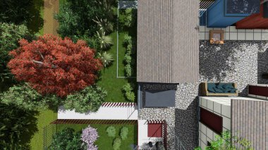 Memleketin peyzaj tasarımının 3 boyutlu görüntüsü. Bölgenin peyzajı. Bileşik peyzaj ve peyzaj çözümlerinin bilgisayar görselleştirmesi. Beyaz bahçe.