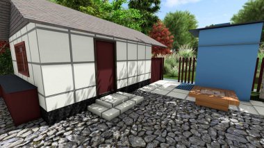 Memleketin peyzaj tasarımının 3 boyutlu görüntüsü. Bölgenin peyzajı. Bileşik peyzaj ve peyzaj çözümlerinin bilgisayar görselleştirmesi. Beyaz bahçe.