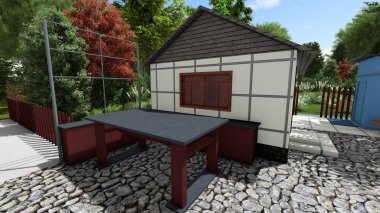 Memleketin peyzaj tasarımının 3 boyutlu görüntüsü. Bölgenin peyzajı. Bileşik peyzaj ve peyzaj çözümlerinin bilgisayar görselleştirmesi. Beyaz bahçe.