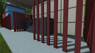 Memleketin peyzaj tasarımının 3 boyutlu görüntüsü. Bölgenin peyzajı. Bileşik peyzaj ve peyzaj çözümlerinin bilgisayar görselleştirmesi. Beyaz bahçe.