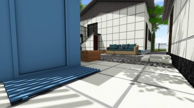 Memleketin peyzaj tasarımının 3 boyutlu görüntüsü. Bölgenin peyzajı. Bileşik peyzaj ve peyzaj çözümlerinin bilgisayar görselleştirmesi. Beyaz bahçe.